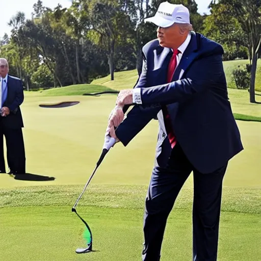 Image similar to trump playing golf swinging a golf club that looks like trump