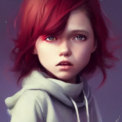 Image similar to a cute tiny girl with short red hair wearing a hoodie, digital art, very beautiful face, pretty face, very detailed eyes, full body illustration, 8 k resolution, soft painting, by greg rutkowski, wlop, rossdraws,