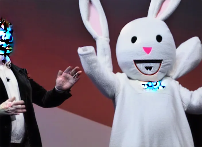 Prompt: elon musk presenting the new tesla wearing a bunny costume, award winning photo