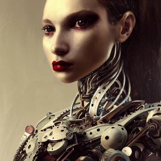 Image similar to A professional portrait of a young cyborg woman made of metal parts, gears, wires as hair, red eyes, lipstick, narrow waist, symmetrical face features, elegant, finely detailed, concept art, in style of Greg Rutkowski,