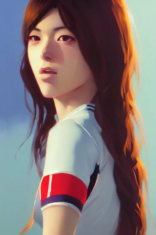 Image similar to A ultradetailed beautiful panting of a stylish woman wearing a volleyball jersey, Oil painting, by Ilya Kuvshinov, Greg Rutkowski and Makoto Shinkai