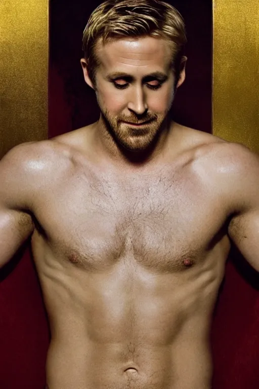 Image similar to painted portrait of ryan gosling as rugged zeus god of thunder greek god white hair masculine handsome upper body red and gold broad shoulders