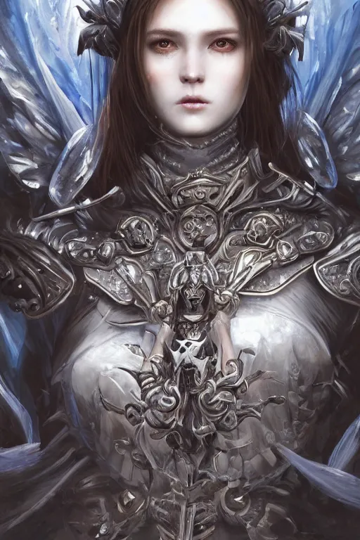 Prompt: A masterpiece ultrarealistic ultradetailed portrait of a divine archangel armored princess knight-witch-ghost with Samurai-Skull Iron mask. baroque renaissance girl in the night forest. medium shot, intricate, elegant, highly detailed. trending on artstation, digital art, by Stanley Artgerm Lau, WLOP, Rossdraws, James Jean, Andrei Riabovitchev, Marc Simonetti, Yoshitaka Amano. background by James Jean and Gustav Klimt, light by Julie Bell, 4k, porcelain skin.