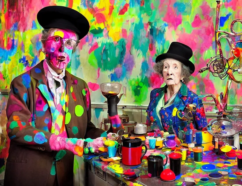 Image similar to a colorful installation artwork of a old and strange dusty professor in black suite and hat and a old woman making a study of drinking 1 0 cups of black coffee in 5 seconds in a kitchen that is melting, styled by jean tinguely and niki de saint phalle