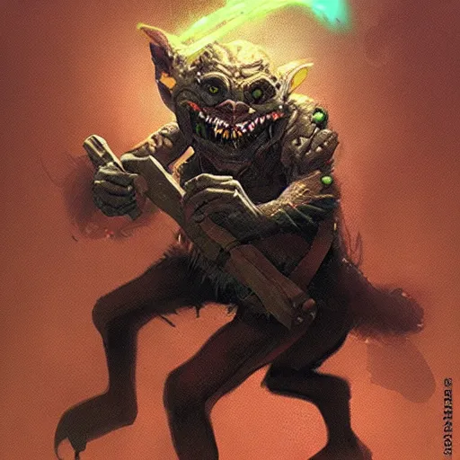 Image similar to crazy goblin with a slingshot, wearing a grenade belt, by Greg Rutkowski, in the style of magic the gathering