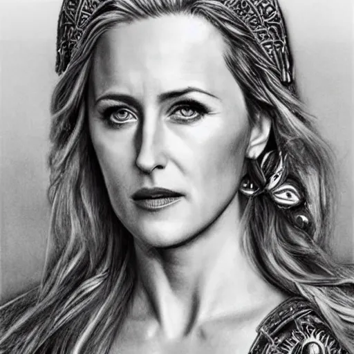 Image similar to hyper realistic pencil drawing of Gillian Anderson as a viking princess, intricate detail, beautiful, battle armor, war, fight, light, dragon, colorful