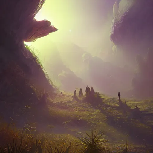 Image similar to landscape of an alien planet, beautiful, atmosphere, vibe, mist, esotic flowers, strange animals, alien plants, concept art illustration, color page, tone mapping, akihiko yoshida, james jean, andrei riabovitchev, marc simonetti, digital illustration, greg rutowski, volumetric lighting, sunbeams, particles