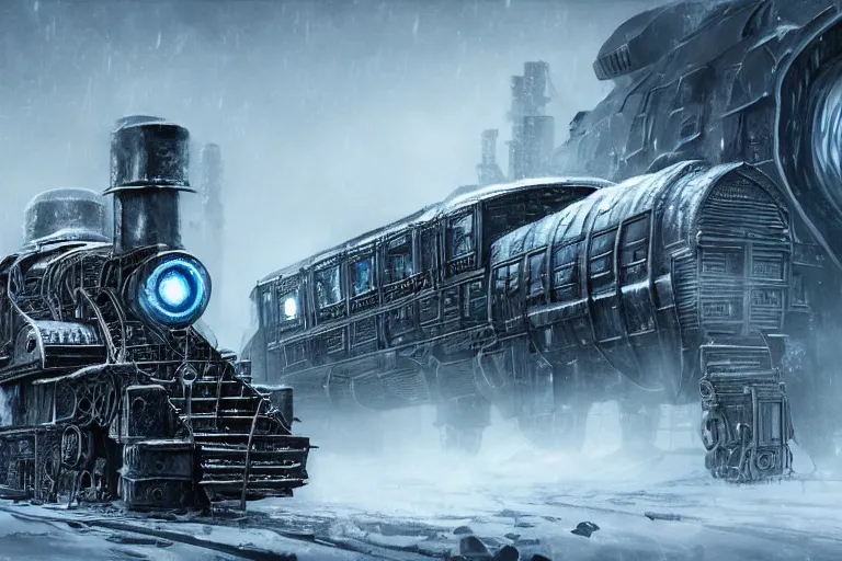 Image similar to an intricate futuristic black steam train and a giant mammoth, post - apocalyptic ice landscape in snowstorm, concept art, artstation, highly detailed, digital art