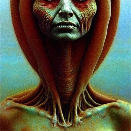 Image similar to alien woman, full body, portraiture, painted by Beksiński, oil painting, intricate details