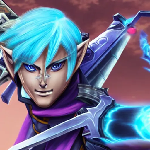 Image similar to fierce deity from zelda as a character in the game league of legends, with a background based on the game league of legends, detailed face