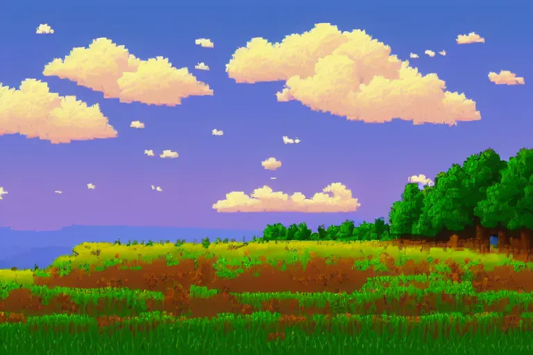 Image similar to landscape, summer, morning, beautiful cloud, quiet, no people, illustration, sharp focus, intricate, super wide angle, trending on artstation, trending on deviantart, pixelart, pixelperfect, pixel art, pixel, color limit, nearest neighbor, hard edges, art of Kirokaze pixel, art of Regular FHC, art of Pixel Jeff Franek, art of Aaron Hain, art of kryssalian