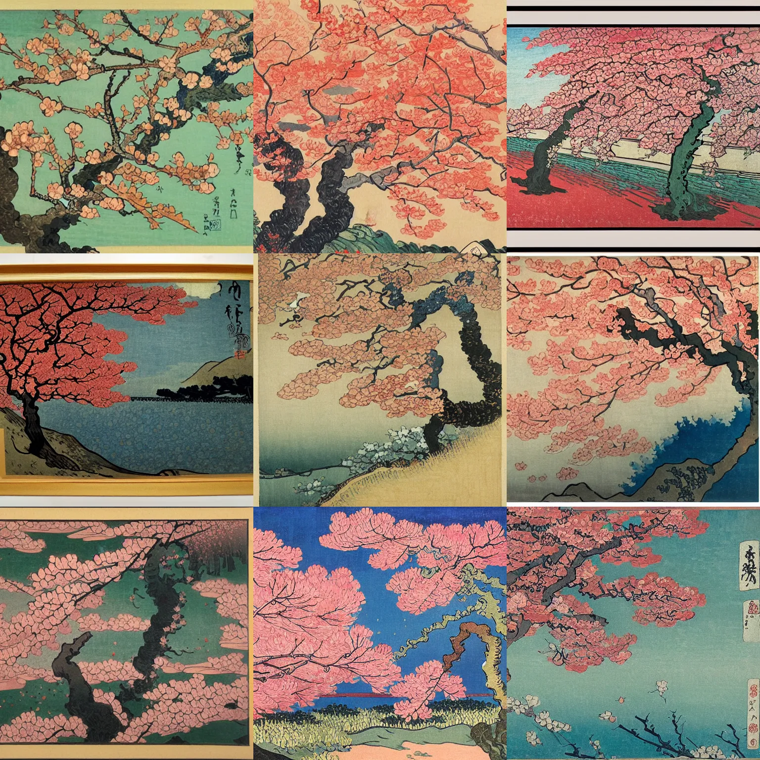 Prompt: cherry blossom autumn painting by hokusai and van gogh