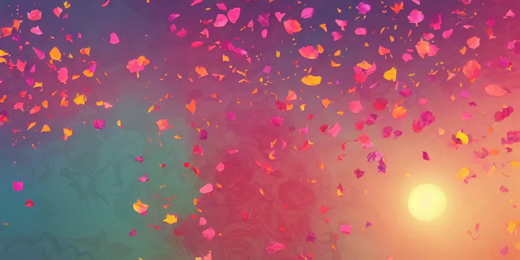 Image similar to background art of spaciously scattered flower petals flowing and flowing through the air from left to right on a simple sunset background, large individual rose petals, large triangles, polygonal fragments, anime, artgerm, manga, trending on artstation, art nouveau, mature color scheme