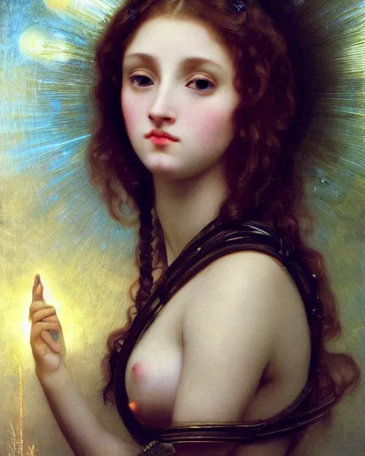 Prompt: beautiful centered fine art portrait of beautiful girl with white solarpunk mecha humanoid head parts with led lights, sexy pudica pose gesture, by bouguereau, ultra - realistic and intricate, hdr 8 k