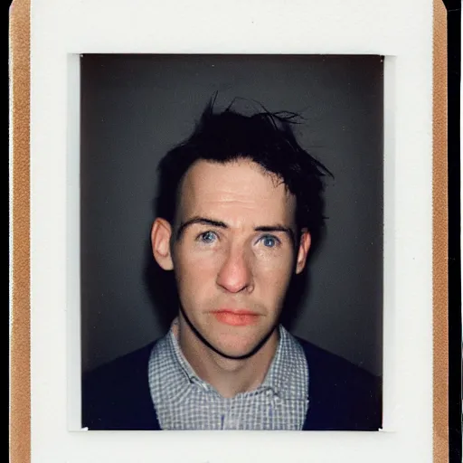 Image similar to a professional polaroid portrait photo of a man with an asymmetrical face with his eyes closed. the man has black hair, freckled skin and a look of panic on his face. extremely high fidelity. key light. coloured light bleed.