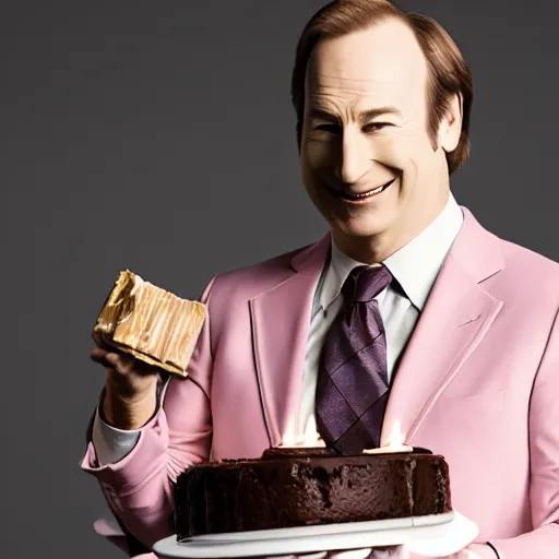 Prompt: bob odenkirk, grinning, wearing a light - pink suit, holding a chocolate birthday cake, numbered candles thirty - seven, studio photograph, cinematic lighting, ultra - detailed symmetrical face