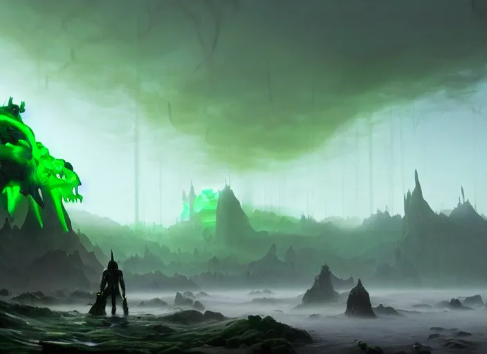 Image similar to giant monstrous green aggressive squid monster towering over man in white armor who has a gleaming sword made of black fire. The foreground is covered by mystical, translucent mist, epic science fiction horror digital matte painting by Simon Stalenhag and Mark Brooks (and Greg Rutkowski), extremely detailed, artstation