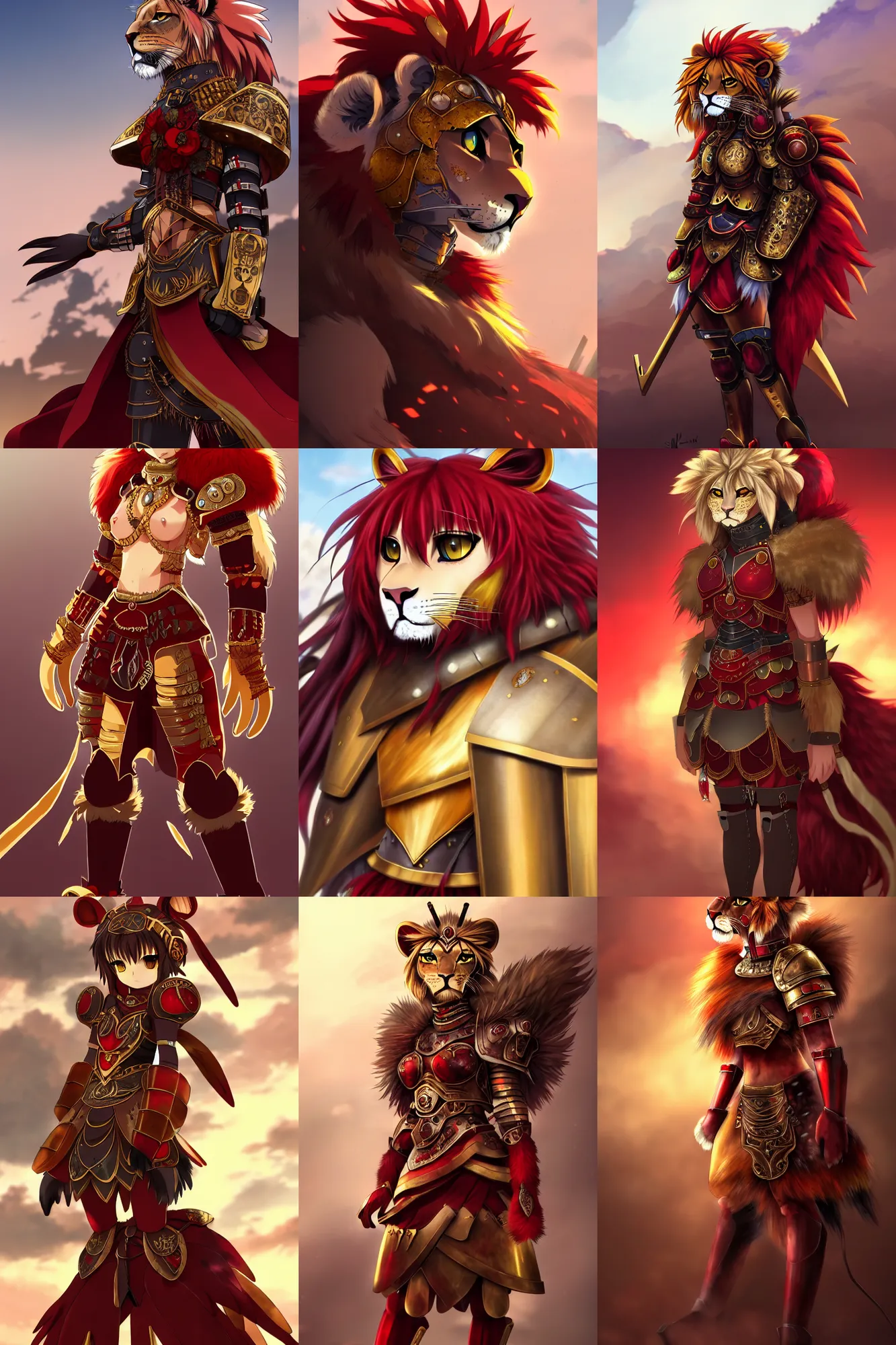 Prompt: scarred experienced lion with red and gold roman armor and armor skirt, fursona, anthro, anime key visual, detailed armor, detailed fur, makoto shinkai, portrait