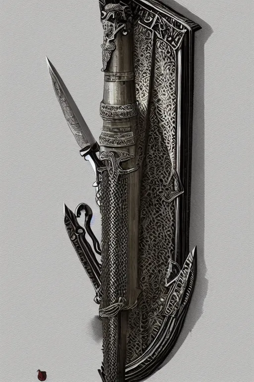 Prompt: sword of justice hanging on a wall, ornate gem in pommel, engraved blade, serrated point, herringbone floor, low angle, museum display, greg rutkowski