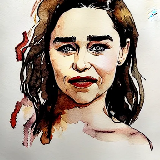 Image similar to portrait of emilia clarke by francis picabla, pen and watercolor wash on cardboard