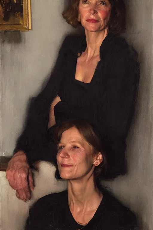 Image similar to portrait of your mother in a darkened room, painted by tom lovell frank schoonover dean cornwell mandy jurgens everett raymond kinstler, photorealism, hd, detailed