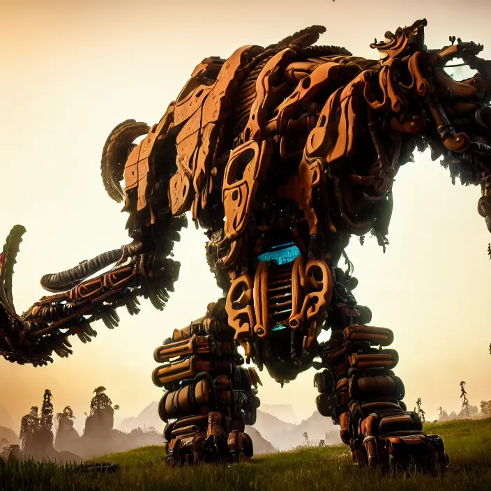 Image similar to full body photograph mechanised mammoth in the style of horizon zero dawn, extremely detailed. dslr. 5 0 mm.