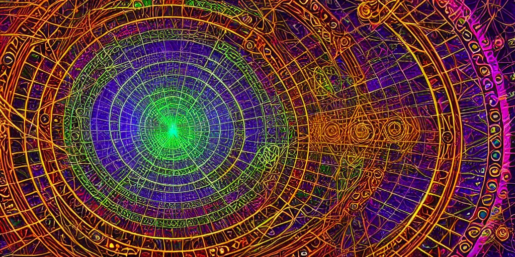 Prompt: dmt spirits, sacred non - euclidean geometric buildings housing dmt time elves, psychedelic architecture, soul frequency, 8 k resolution, highly detailed,