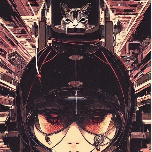 Image similar to a beautiful ukiyo painting of cyberpunk battle space cat, wearing space techwear, detailed symmetrical close up portrait, intricate complexity, by takato yamamoto, wlop, krenz cushart. cinematic dramatic atmosphere, sharp focus