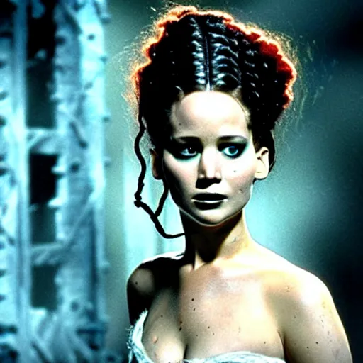 Image similar to jennifer lawrence as the bride of frankenstein, color photography, sharp detail, still from the movie mary shelly's frankenstein