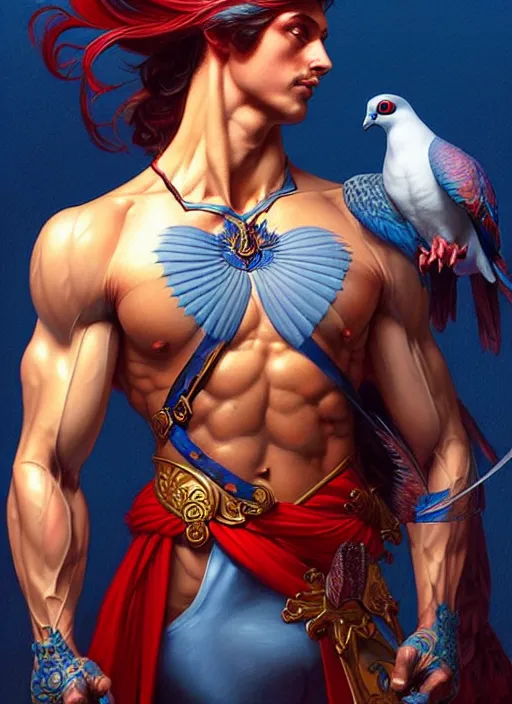 Image similar to portrait of aggressive pigeon humanoid, d & d, muscular! blue and red, fantasy, intricate, elegant, highly detailed, digital painting, artstation, concept art, smooth, sharp focus, illustration, art by artgerm and greg rutkowski and alphonse mucha