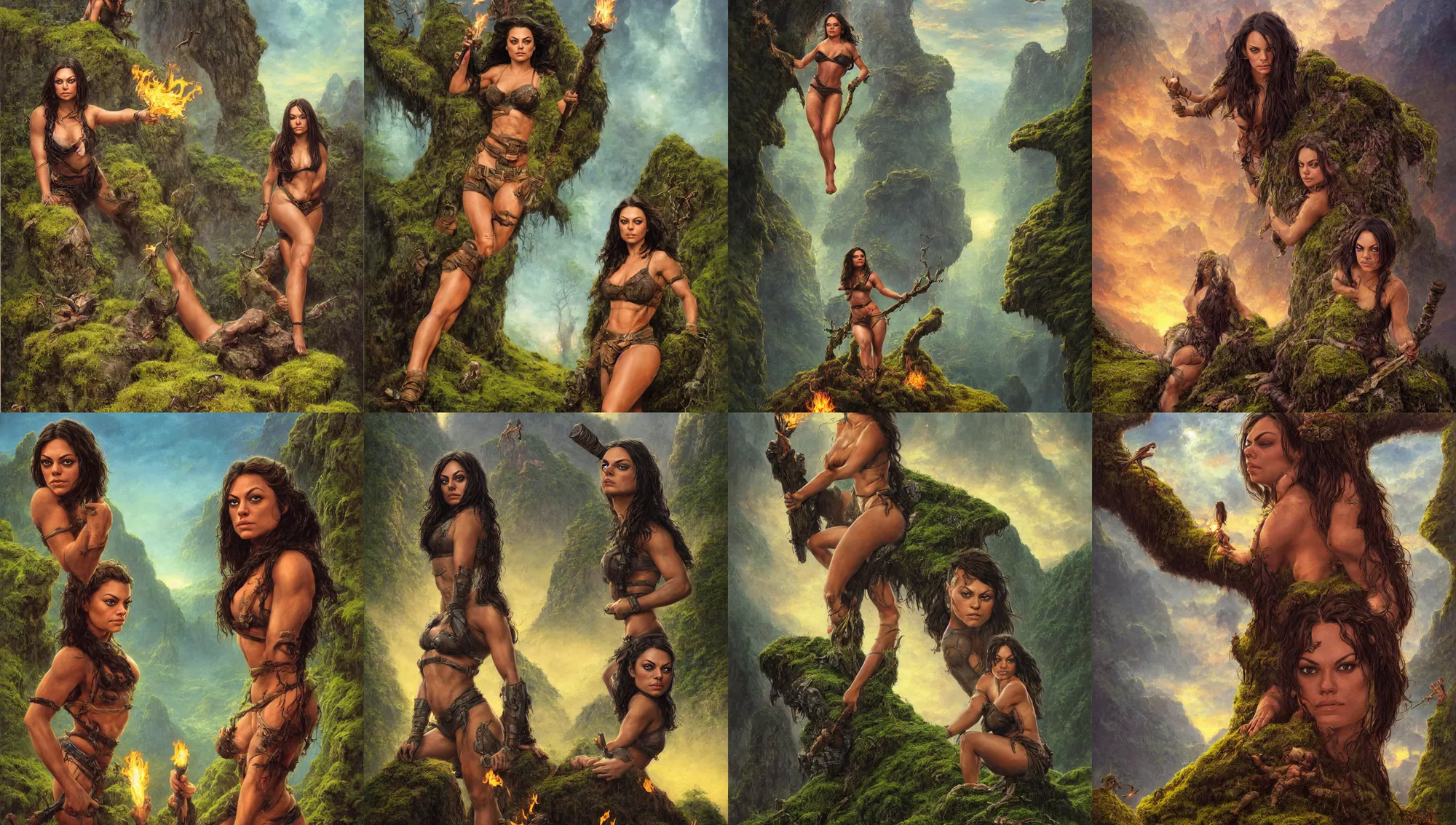 Prompt: face portrait of mila kunis as muscled amazon posted on a large mossy rock, beautiful epic vista, flowing hills, sundown golden hour, fireflies, torches in ground, eerie sky, frank frazetta, alex horley, ralph horsley, michael whelan