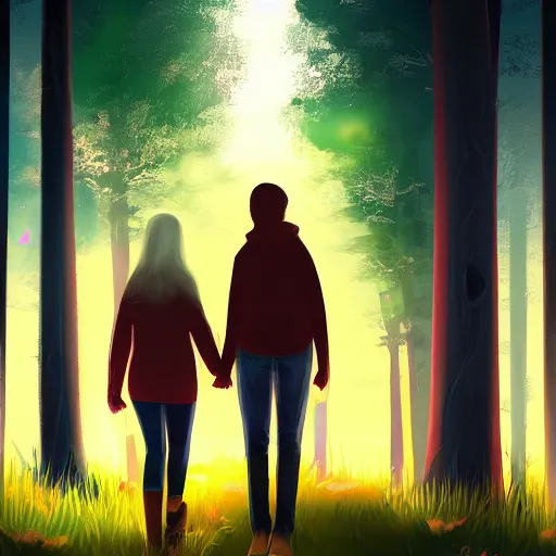 Prompt: A beautiful girl and her boyfriend walk into the sunset, holding hands, forest, digital art, artstation