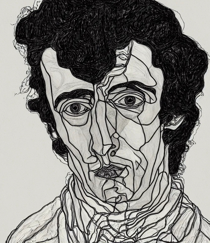 Prompt: detailed line art portrait of frederic chopin, inspired by egon schiele. caricatural, minimalist, bold contour lines, musicality, soft twirls curls and curves, confident personality, raw emotion