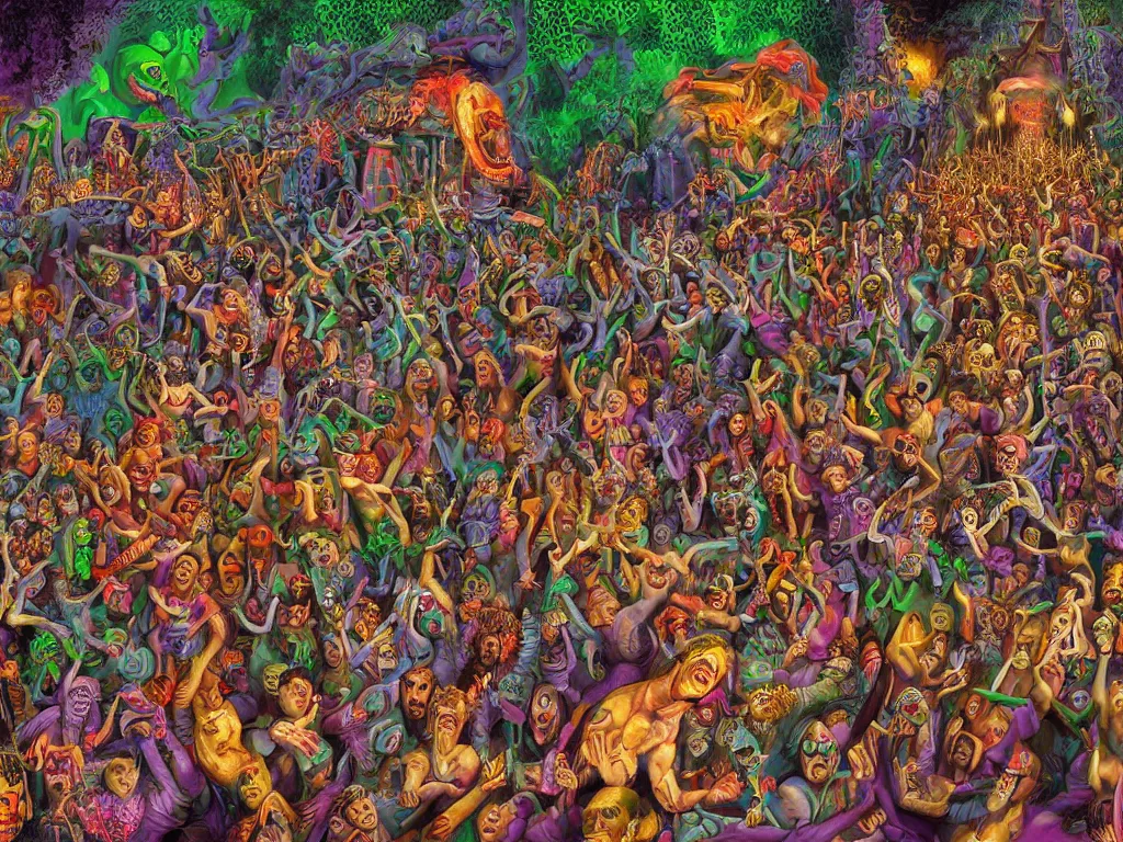 Image similar to digital painting rave party in hell by Chor Boogie, intricate details, ultra detailed, 4K, award-winning, touch of M. C. Escher and Salvador Dali