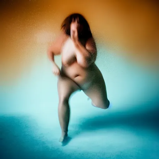 Prompt: photo of a woman emerging an endless pool of gravy in a blue fog. Motion blur.