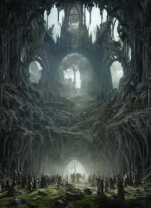 Image similar to medieval adventurers in the lord of the rings scenery landscape, inside an enormous overgrown alien cathedral, huge statue of a dragon, portal to another dimension in the sky, highly detailed, cinematic lighting, perfect composition, 4 k, gustave dore, derek zabrocki, greg rutkowski, octane render