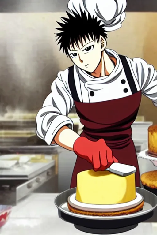 Image similar to chef saitama one punch man, dressed as a pastry chef, making a cake, anime artwork