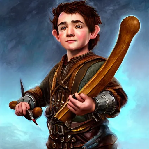 Image similar to realistic portrait of a halfling male holding a lute, happy, bard, short hair, intricate details, cinematic, photo, fantasy, medieval, trending on artstation, digital art, in the style of wizards of the coast