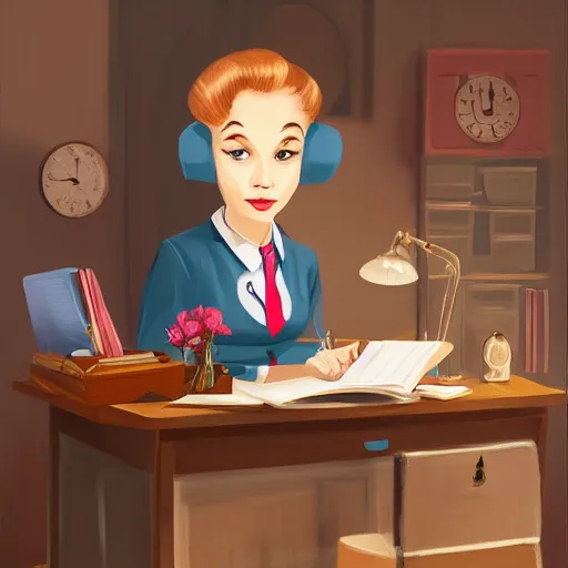 Image similar to an elephant as a secretary in 50's office, digital painting, artstation