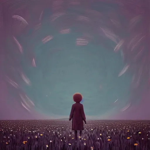 Image similar to giant black daisy flower as a head, girl walking in wheat field, hills, surreal photography, dark night, star trails, dramatic light, impressionist painting, clouds, digital painting, artstation, simon stalenhag