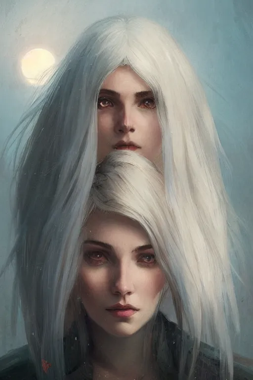 Prompt: white hair, portrait, girl, moon background, night, high detail, concept art, digital art, illustration, smooth, sharp focus, greg rutkowski, alphonse mucha, trending on artstation, trending on deviantart,