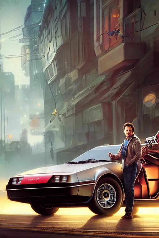 Image similar to elon musk as marty mcfly near delorean, realistic portrait, symmetrical, highly detailed, digital painting, artstation, concept art, smooth, sharp focus, illustration, cinematic lighting, art by artgerm and greg rutkowski and alphonse mucha