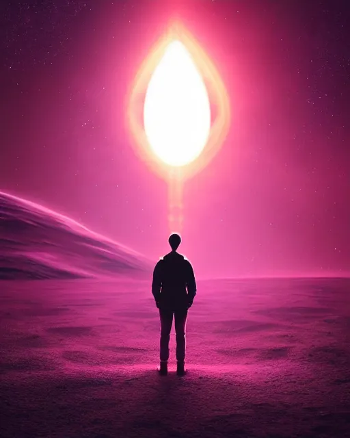 Image similar to a person standing in front of a glowy open door that's on a barren moon, poster art by mike winkelmann, trending on cg society, space art, sci - fi, ue 5, futuristic, volumetric lighting, light casting onto the ground, neat composition and camera angle