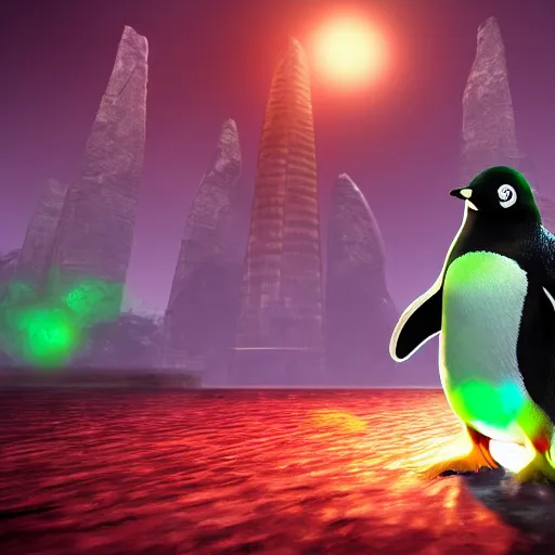 Image similar to penguin with red glowing eyes in front of a green glowing tower in the background, guild wars 2 art style