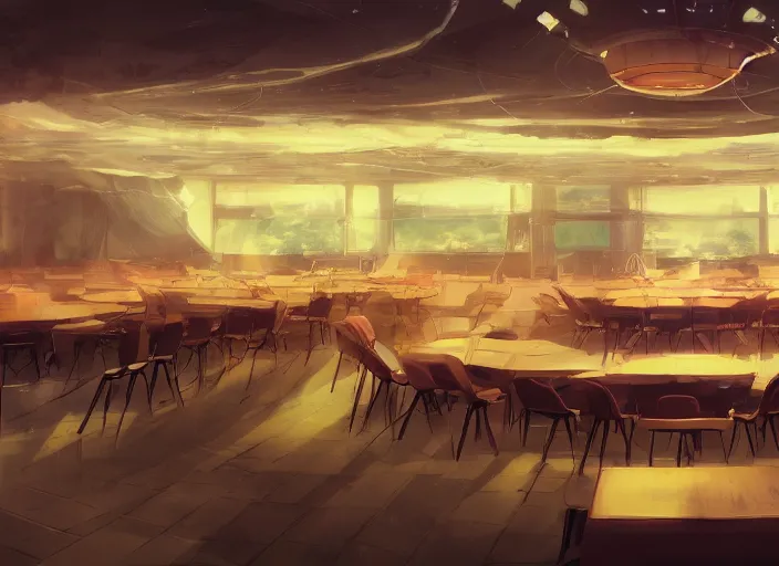 Image similar to anime background clean neat clarity professional visual development set design, large hall, a lot of people sitting on round 1 0 tables, dim painterly lighting volumetric aquatics, impasto, trending on pixiv