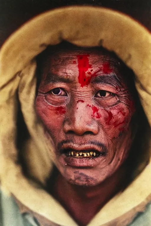 Prompt: ultra realistic vintage photo portrait of a tibetan man with a deep bloody hole on the middle of his forehead, by Annie Leibovitz,