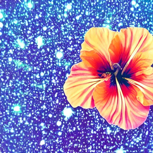 Image similar to a hibiscus flower with detailed orange pedals, floats in space, hubble photo, 2 8 mm lens, olympus xa camera, 3 5 mm film, beautiful, galaxies