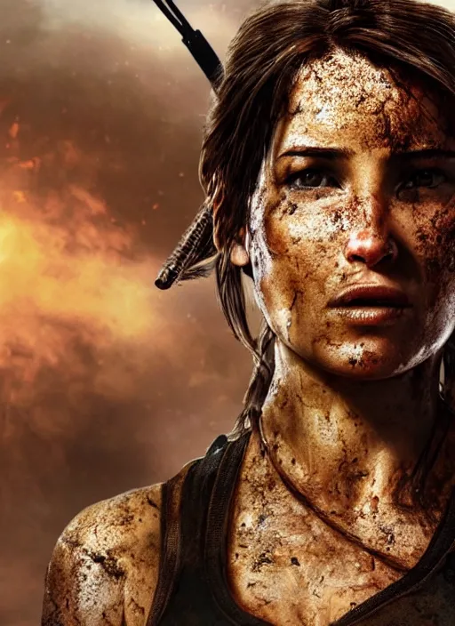 Image similar to a film still of lara croft as russian evading explosions, her face muddy and sweat, direct sun light, close up potrait, cinematic,