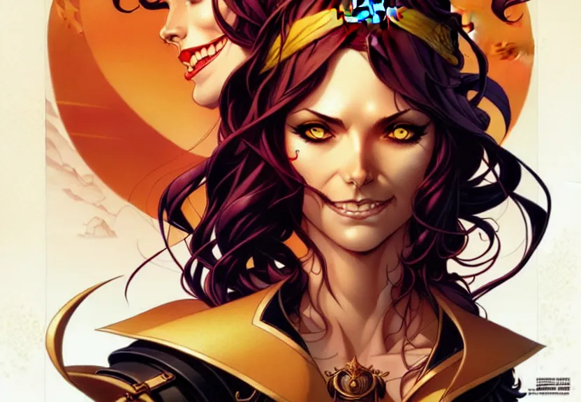 Prompt: artgerm, joshua middleton comic cover art, pretty pirate marisa laren smiling, full body, symmetrical eyes, symmetrical face, long curly black hair, on a pirate ship background, warm colors