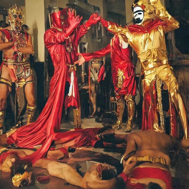 Prompt: pov of a man being sacrifice by a member of an esoteric cult, ektachrome hyper realistic, wear heavy red ornemental costume and elongate gold mask and jewels